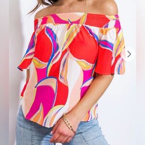Flying Tomato Off-Shoulder Abstract Print Top in Red, Pink, Blue. Size M